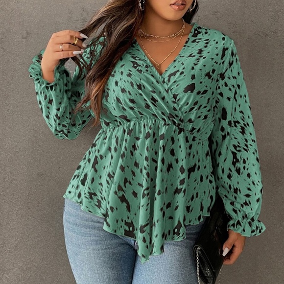 BellanBlue Tops - Plus Boho green Leopard Print Surplice Peplum Top